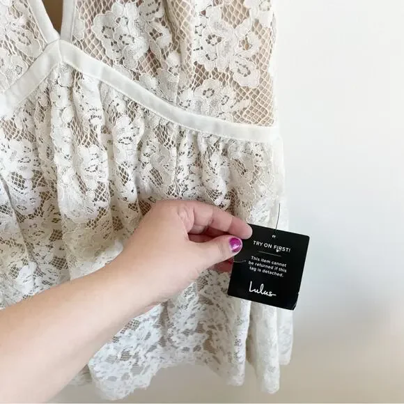 LULUS Absolutely In Love White Lace Short Sleeve Skater Dress Size Medium - Picture 5 of 10